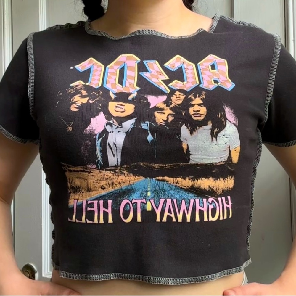 Black and pink vintage AC/DC band t-shirt crop top style